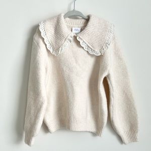 Zara NEW Girl Oatmeal Tan Beige Peter Pan Collar Sweater Size 4-5
